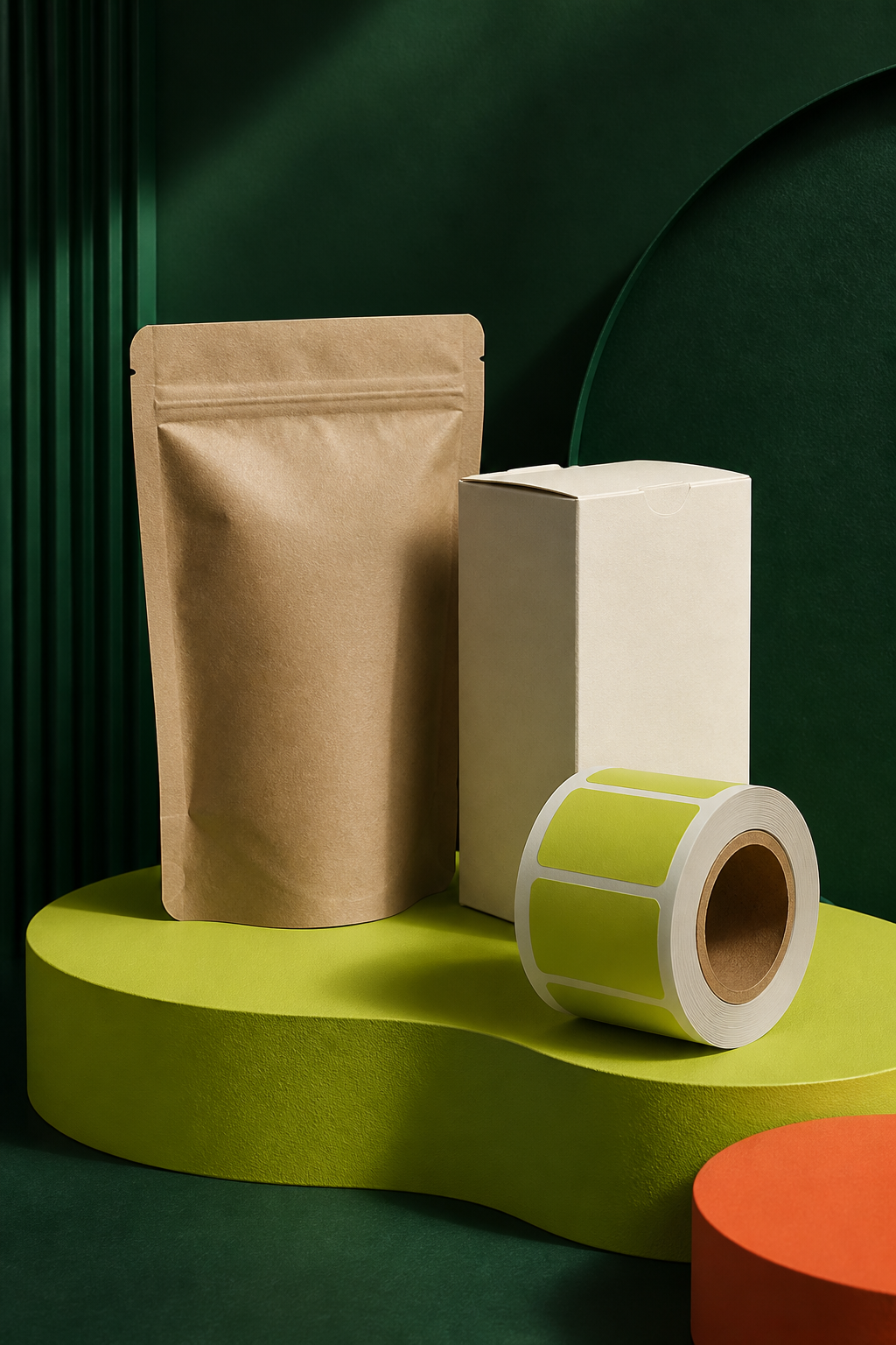 Empaque kraft, caja y rollo de etiquetas sin marca